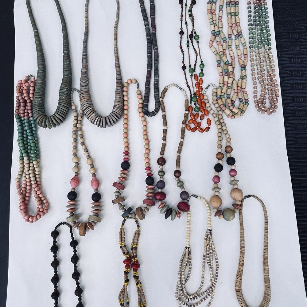 Large Curated Lot Vintage Boho Wood Bead Necklaces Statement Jewelry 15 Pieces